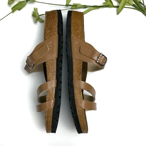 BIRKENSTOCK BIRKI'S Size 38 (7) Sandals Tan Brown Leather Rhinestone Buckle - Picture 4 of 12